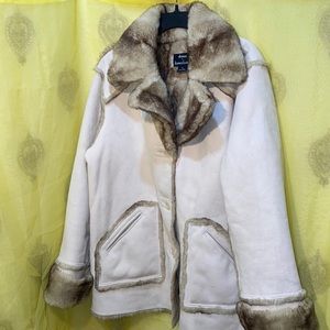 DENNIS BASSO FAUX FUR/ LEATHER CREAM COAT 3-BUTTON SZ XL
